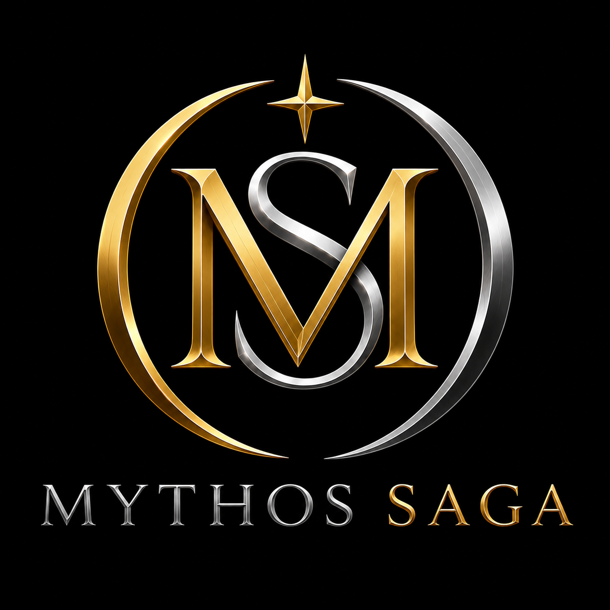 Mythos Saga logo — an intertwined gold and silver M and S monogram crowned by a four-pointed star above the Mythos Saga wordmark